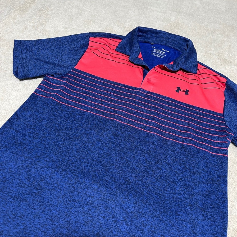 Under Armour Playoff Polo Mens Large Blue Orange Striped Golf Shirt Short Sleeve